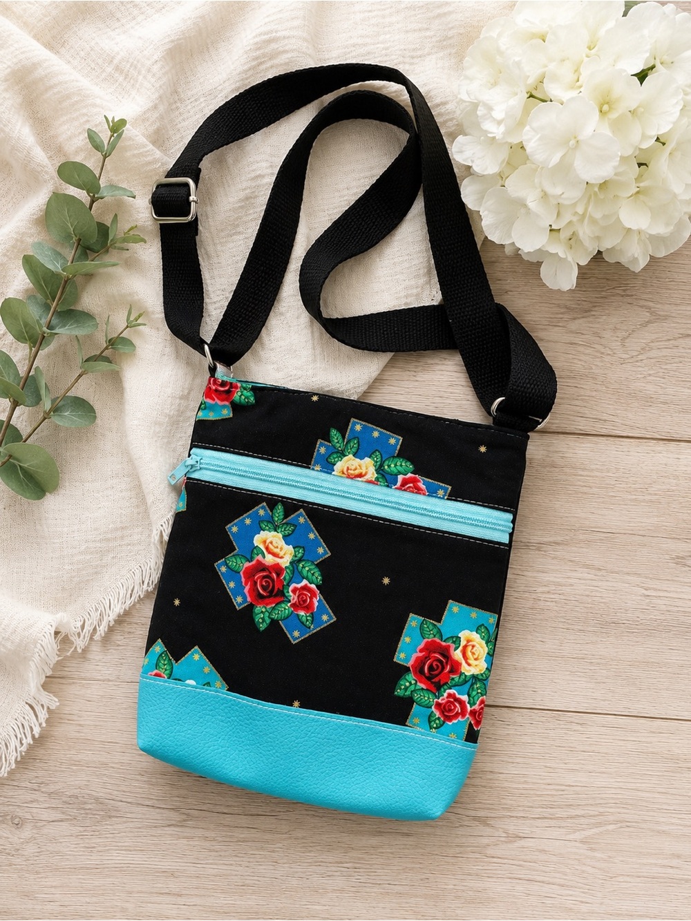 Handmade Floral Small Crossbody Bag – Black & Turquoise Rose